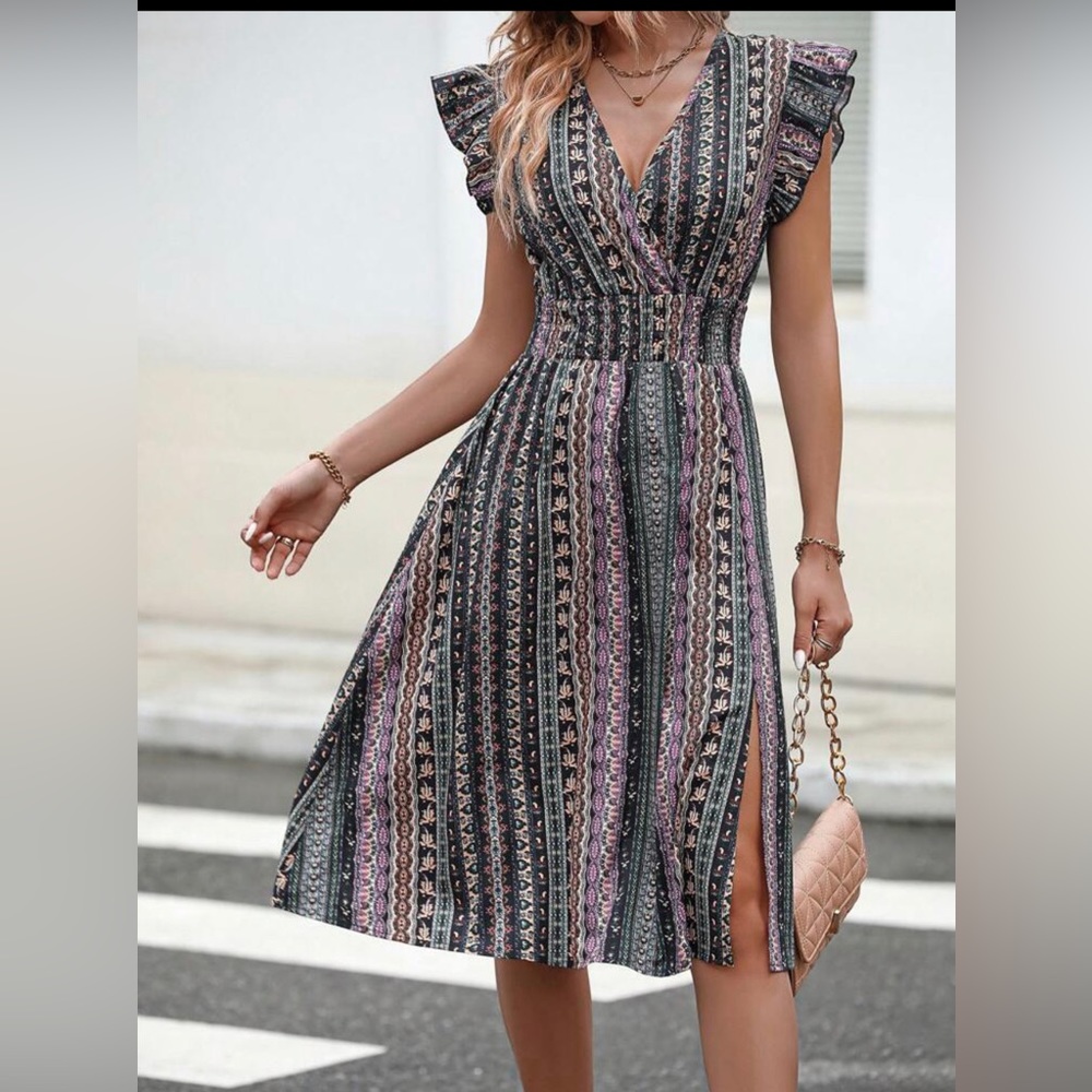 EUC SHEIN VCAY XL Geo Print Ruffle Trim Split Thigh Dress Mauve/Purple